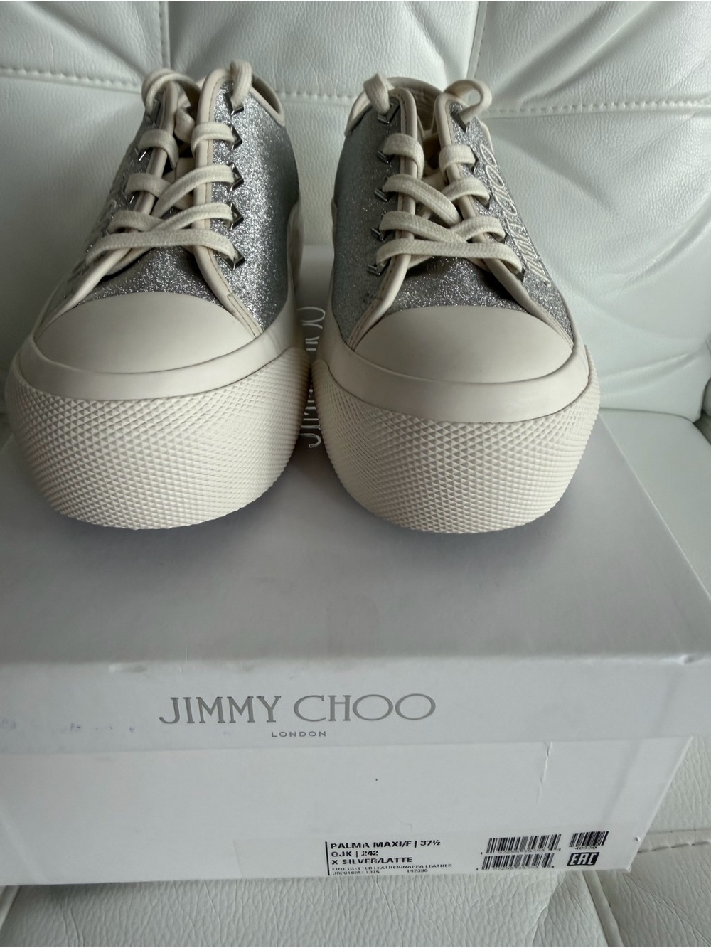 Jimmy Choo Silver Glitter Platform Sneakers with Cream Trim - Picture 7 of 7